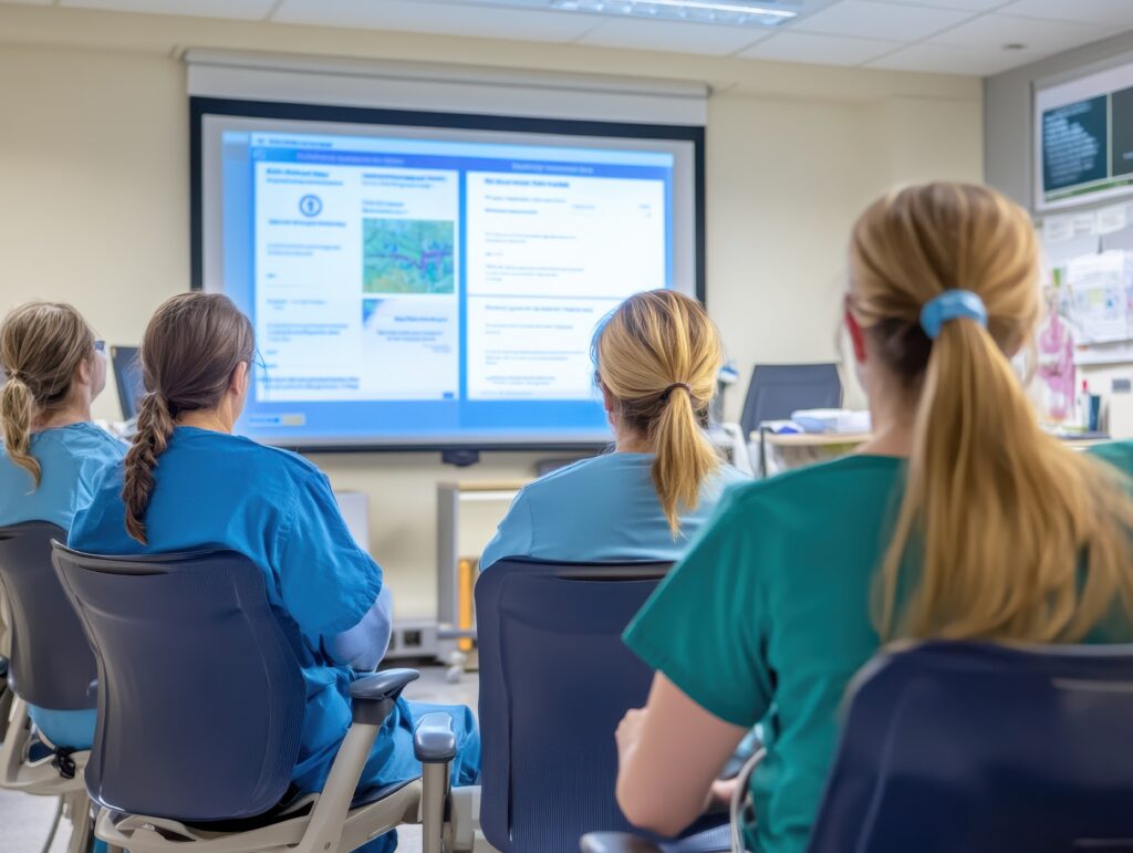 Four people in blue scrubs sit in a classroom, facing a large screen with educational materials, as they participate in a Skills to Advance healthcare training or seminar.