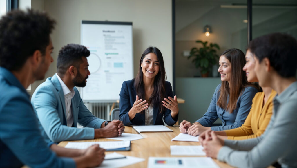 A group of five people in business attire sit around a conference table, engaged in a Skills to Advance meeting. A woman in the centre is speaking and smiling, while others listen attentively. Papers and charts are spread out on the table.