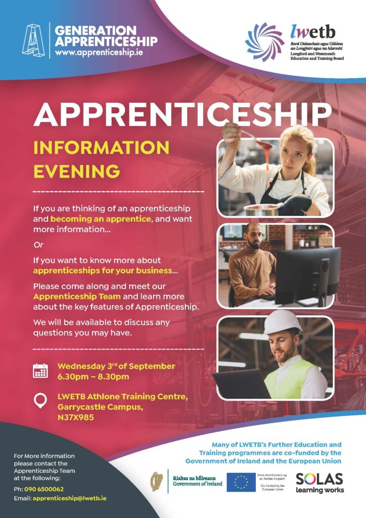 Poster for an Apprenticeship Information Evening featuring photos of a female chef, a young woman using a laptop, and a man in a hard hat. Event details, contact information, and apprenticeship programme logos are displayed at the bottom.