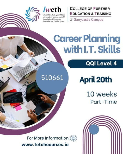 Promotional poster for a 10-week part-time Career Planning with IT Skills course at Garrycastle Campus, starting 20 April, QQI Level 4, with website and course code 510661.